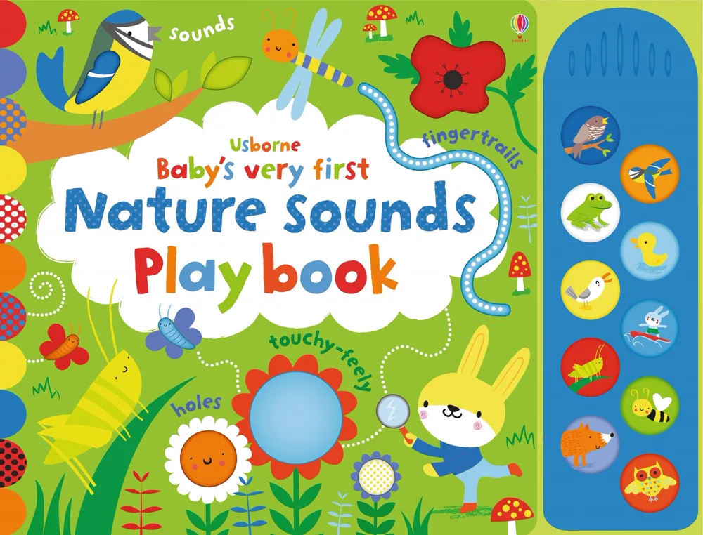 Coperta cărții Usborne „Baby's very first Nature Sounds Play book”: o pajiște cu pasăre, libelulă, mac, fluturi și un iepure cu lupa, lângă un panou cu butoane rotunde cu animale