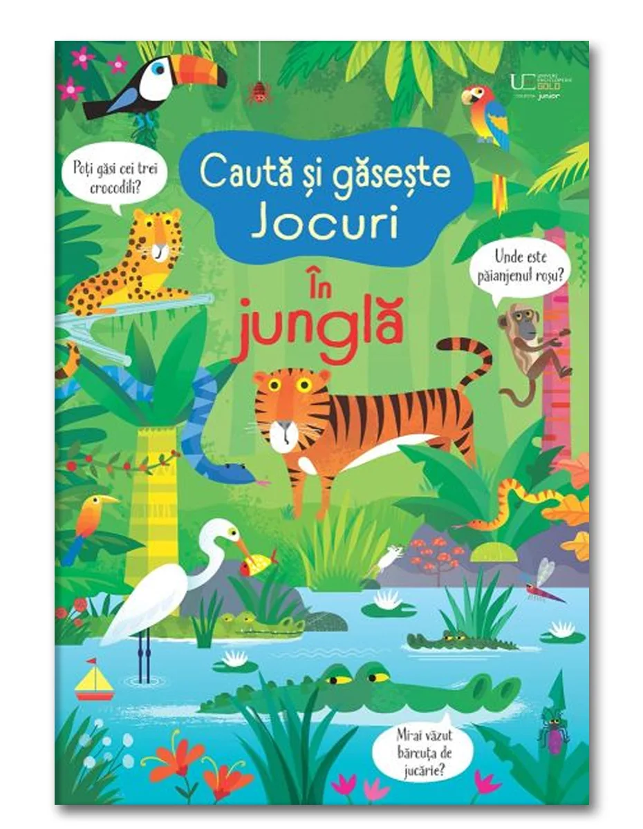 Coperta cărții „Caută și găsește. Jocuri. În junglă”: o junglă cu tigru, jaguar, maimuță, crocodili și păsări, cu întrebări în baloane