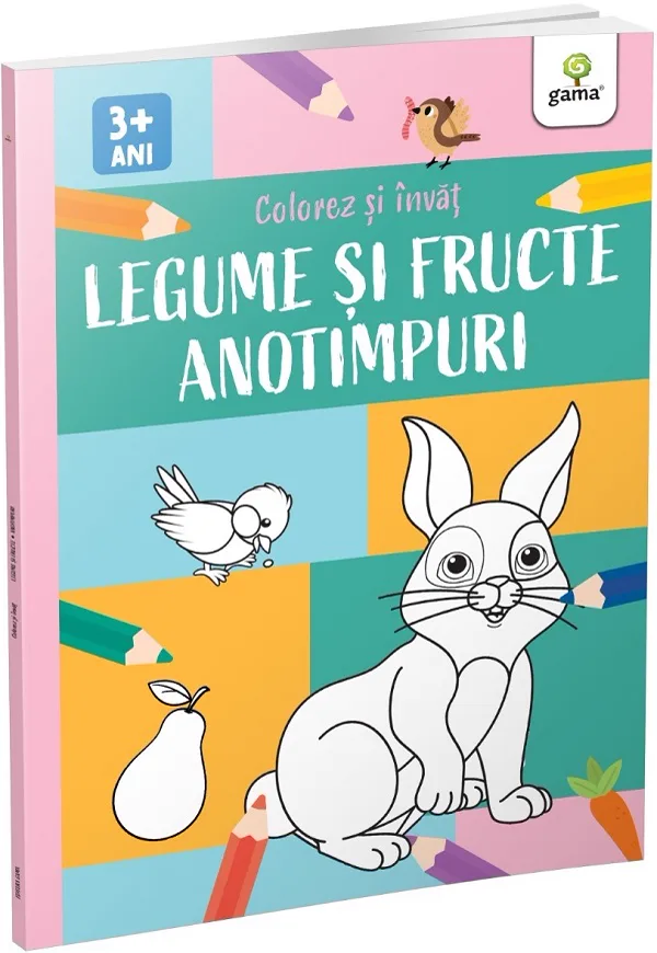 Coperta caietului „Colorez și învăț. Legume și fructe, anotimpuri”: un iepure, o pasăre, o pară și un morcov în contur, cu creioane colorate