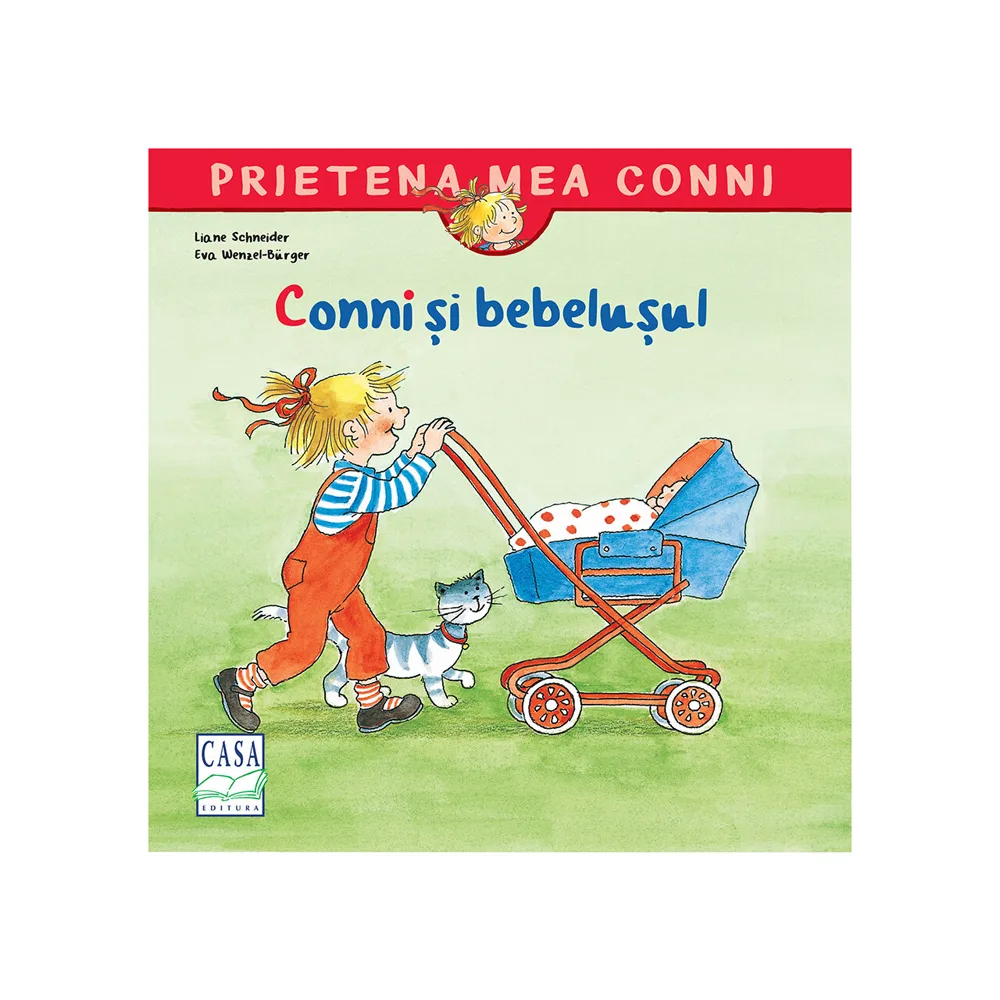 Coperta cărții „Conni și bebelușul”: Conni împinge un cărucior cu un bebeluș, cu o pisică lângă ea