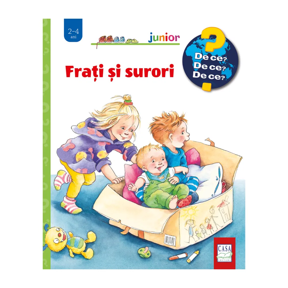 Coperta cărții „Frați și surori”: o fetiță împinge o cutie de carton în care stau un băiat și un bebeluș