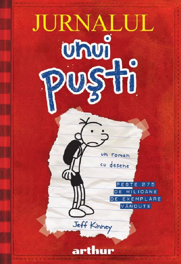 Coperta „Jurnalul unui puști”: copertă roșie ca un caiet, cu un băiat desenat în linii simple pe o foaie ruptă