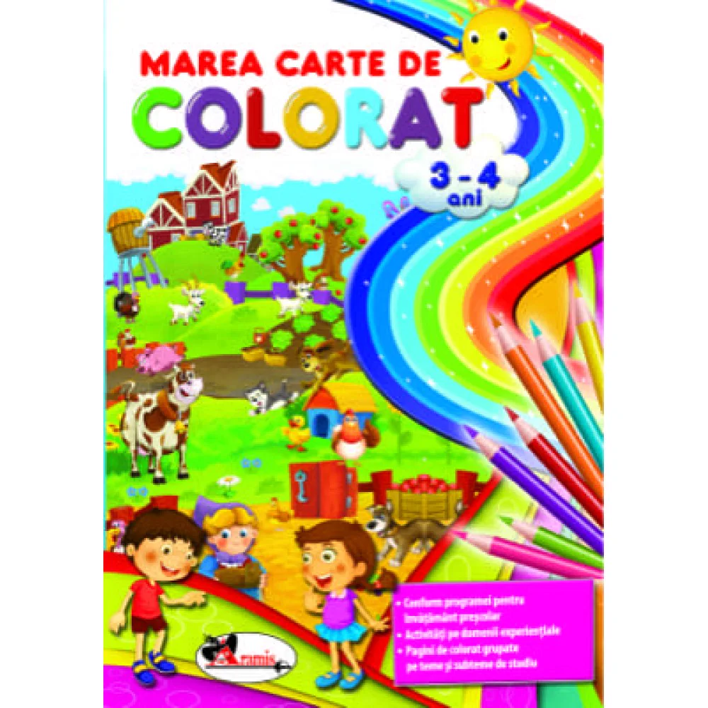 Coperta „Marea carte de colorat 3-4 ani”: o fermă cu animale, doi copii, un curcubeu și creioane colorate