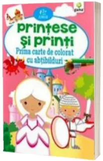 Coperta cărții „Prințese și prinți. Prima carte de colorat cu abțibilduri”: o prințesă, un prinț cu scut, un castel și un dragon pe fond roz